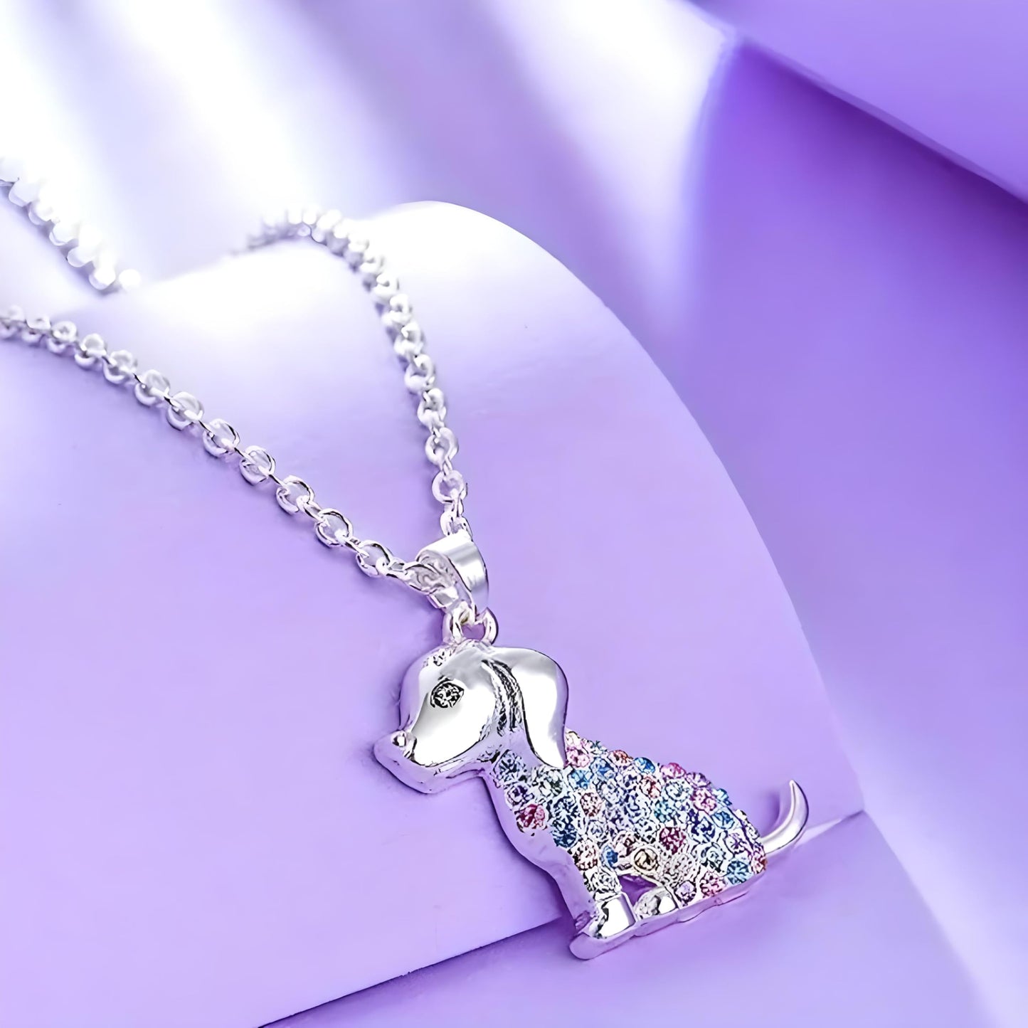 Sparkling Dog Pendant Necklace, Silver Chain, Multicolor Rhinestone Design - Birthday or Party Gift