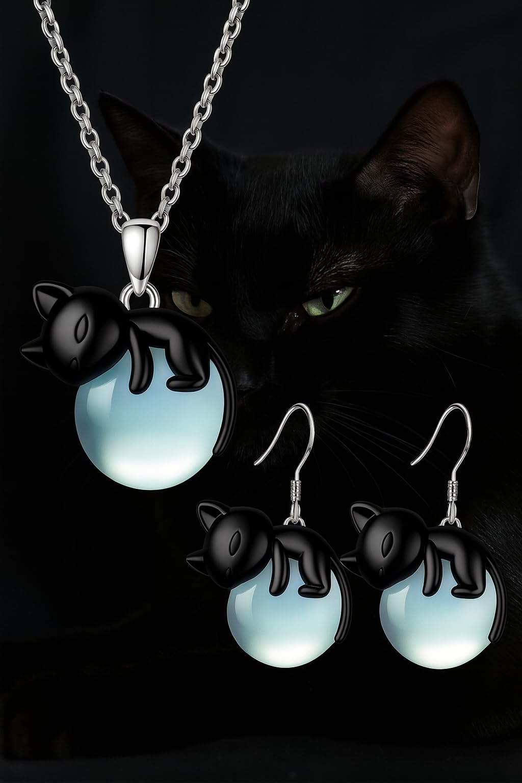SUPAC Black Cat Jewelry Set – Glowing Blue Orb Necklace and Matching Earrings – Gift for Cat Lovers