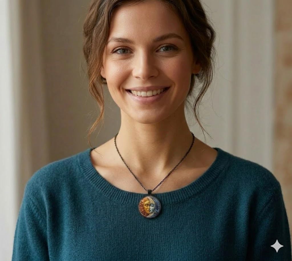 1pc Stunning Round Pendant Necklace - Unique Sun & Moon Pattern, Oil Painting Style Glass Mosaic, Alloy Construction, Trendy Sweater Chain, Fashionable Gift for Women - Christmas or Birthday Gift