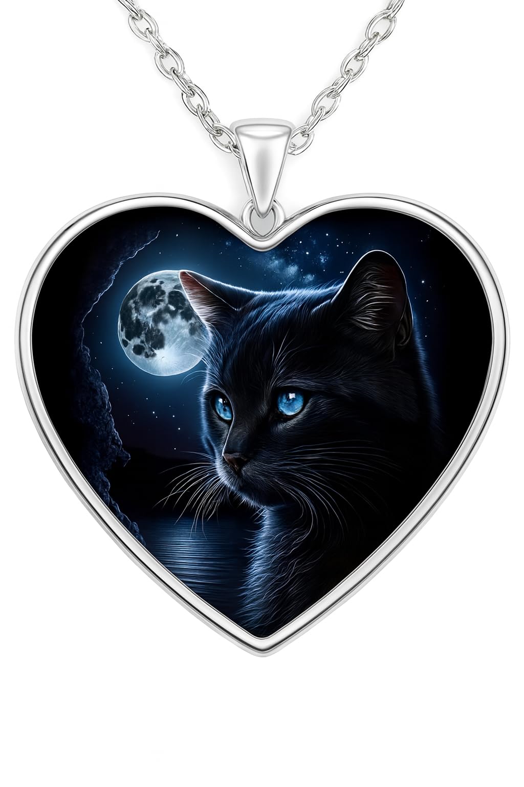 SUPAC Heart-Shaped Black Cat Necklace with Moon and Galaxy Design, Glass Pendant with Stainless Steel Chain - Christmas, Holiday, or Birthday Gift