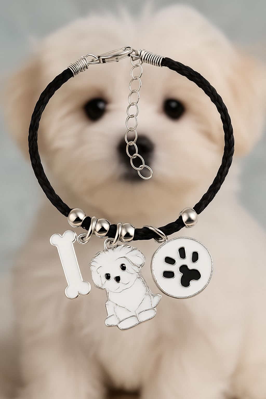Pet Charm Bracelet with Dog Charms, Black Braided Band, I Love Dogs Design - Dog Lovers' Bracelet - Different Breeds of Dogs, Pet Lover Gift for Birthday and Holiday, Durable and Long-Lasting, Hypoallergenic and Nickel-Free, Everyday Wear (Shih Tzu)