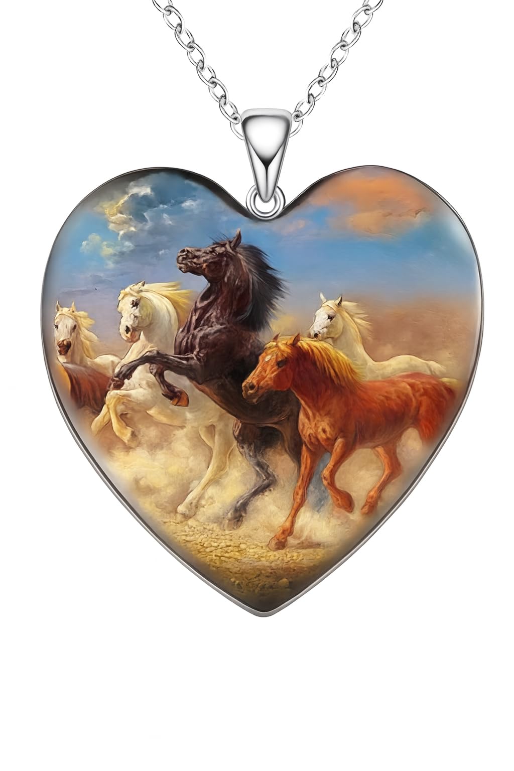 Heart-Shaped Pendant Necklace with Different Animals - Panda, Horse, Deer, Cat, Elephant, Dog Scenic Views, Stainless Steel Necklace with Glass Pendant - Christmas, Holiday, or Birthday Gift (Horses)