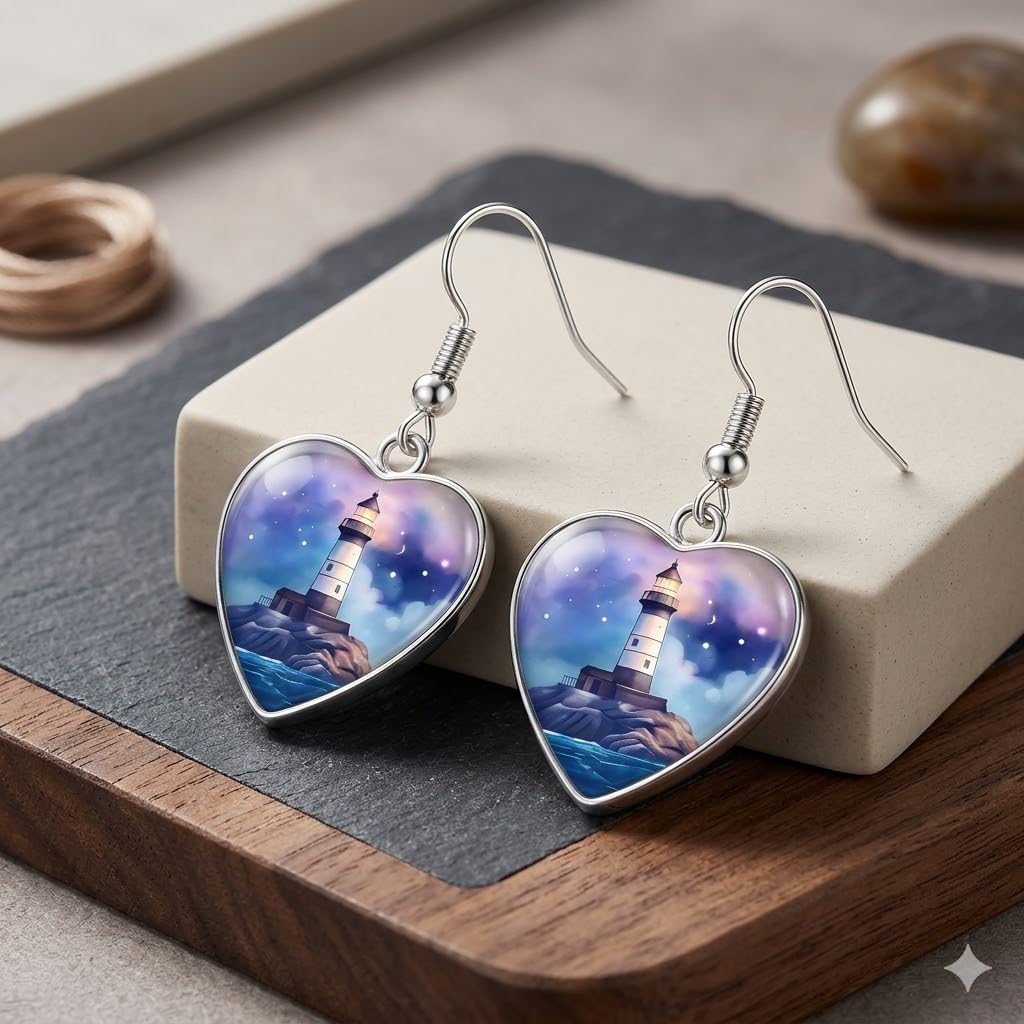 Teardrop Lighthouse Dangle Earrings, Nautical Design, 1.77 inch Length, Silver