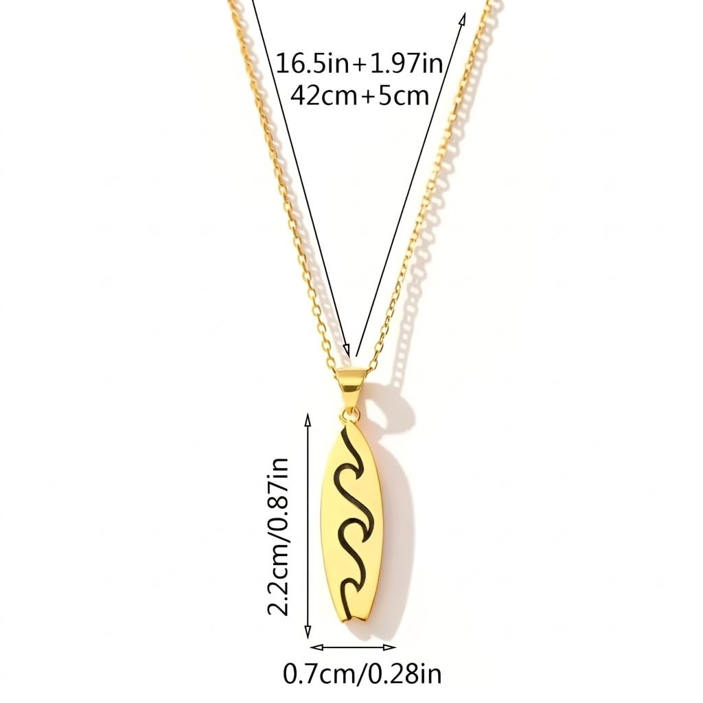SUPAC Gold Surfboard Wave Pendant Necklace, 16.5 inch Chain with 2 inch Extension, Wave Design