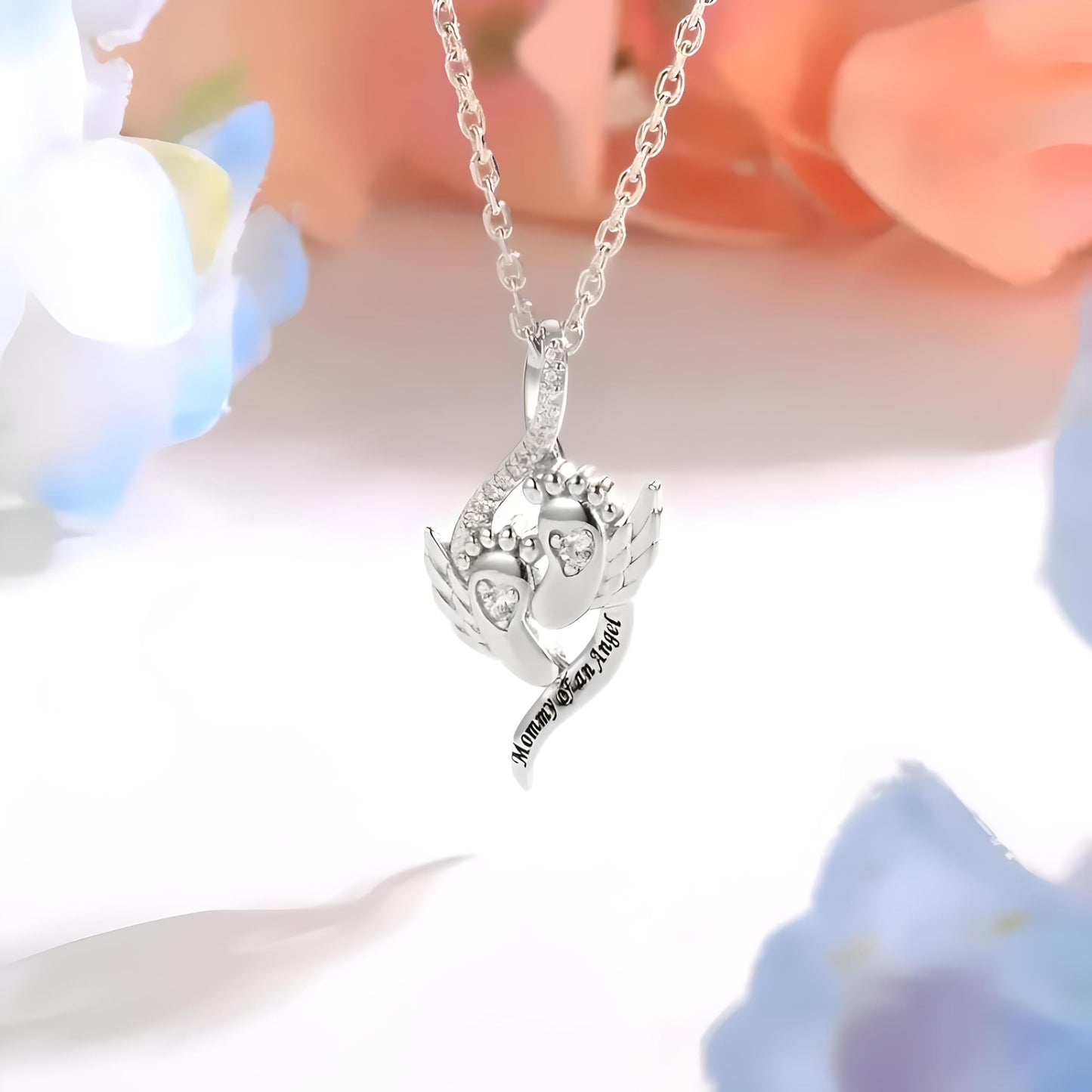 Angel Footprints, Memorial Gift for Mothers - Pendant Necklace with Acrylic Stones, Alloy Fashion Jewelry, White K Plated Chain, Gift for Family and New Moms- 'Mommy of an Angel'