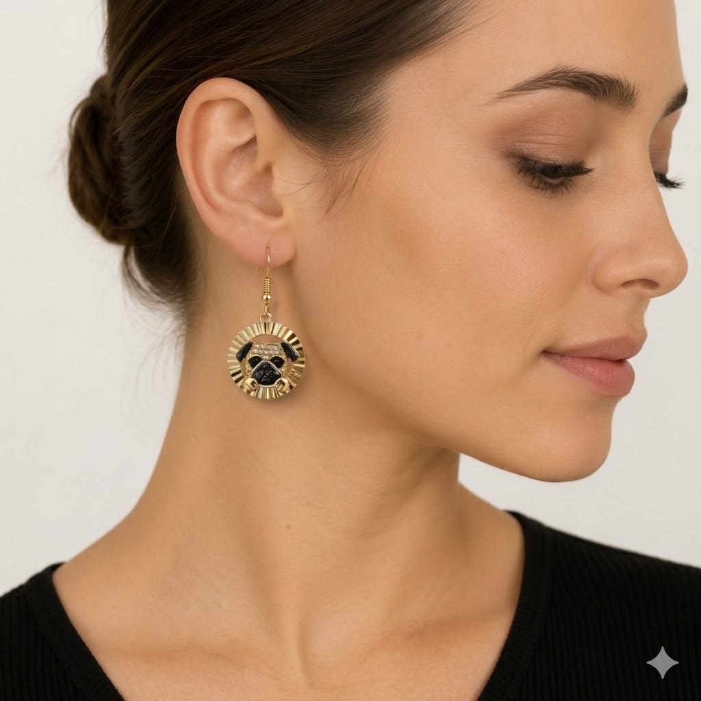 Pug Dangle Earrings, Gold-Tone Round Drop Earrings with Crystal Accents, Dog Lover Jewelry - Stainless Steel with Cubic Zirconia