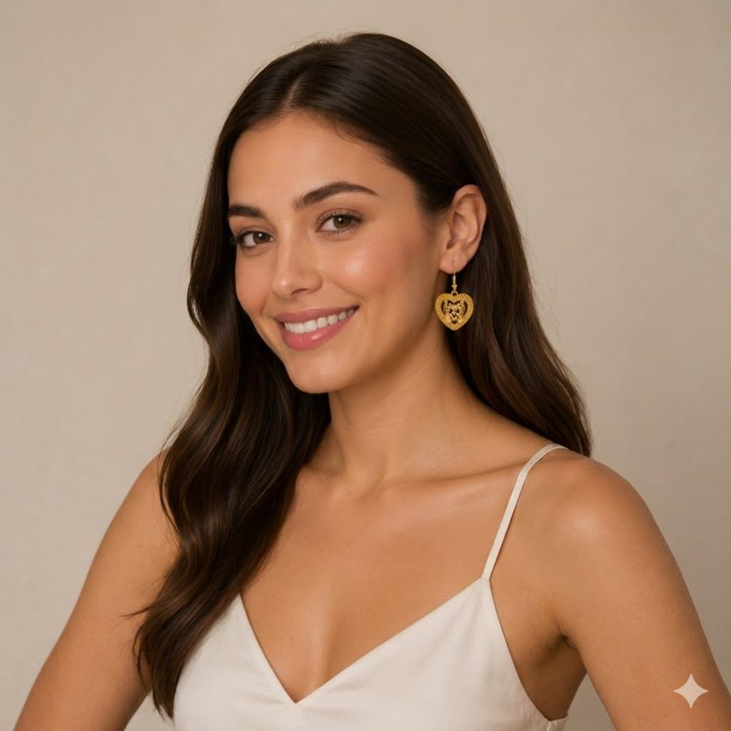 Yorkie Heart Drop Earrings, Gold, Stainless Steel, Crystal Accent, 0.94 x 0.94 in, Dog Lover Jewelry