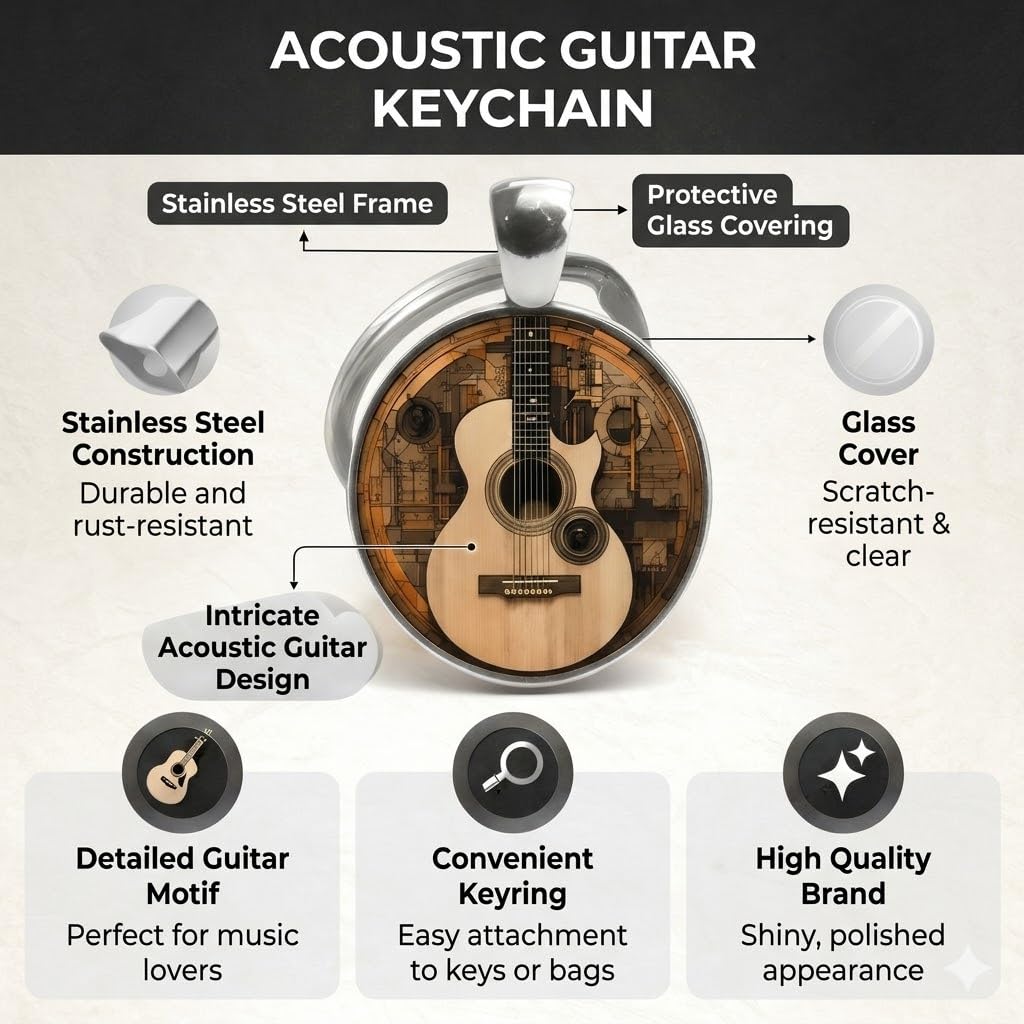 SUPAC Decorative Acoustic Guitar Keychain, 2D Flat Design, 1.18 inch Ring