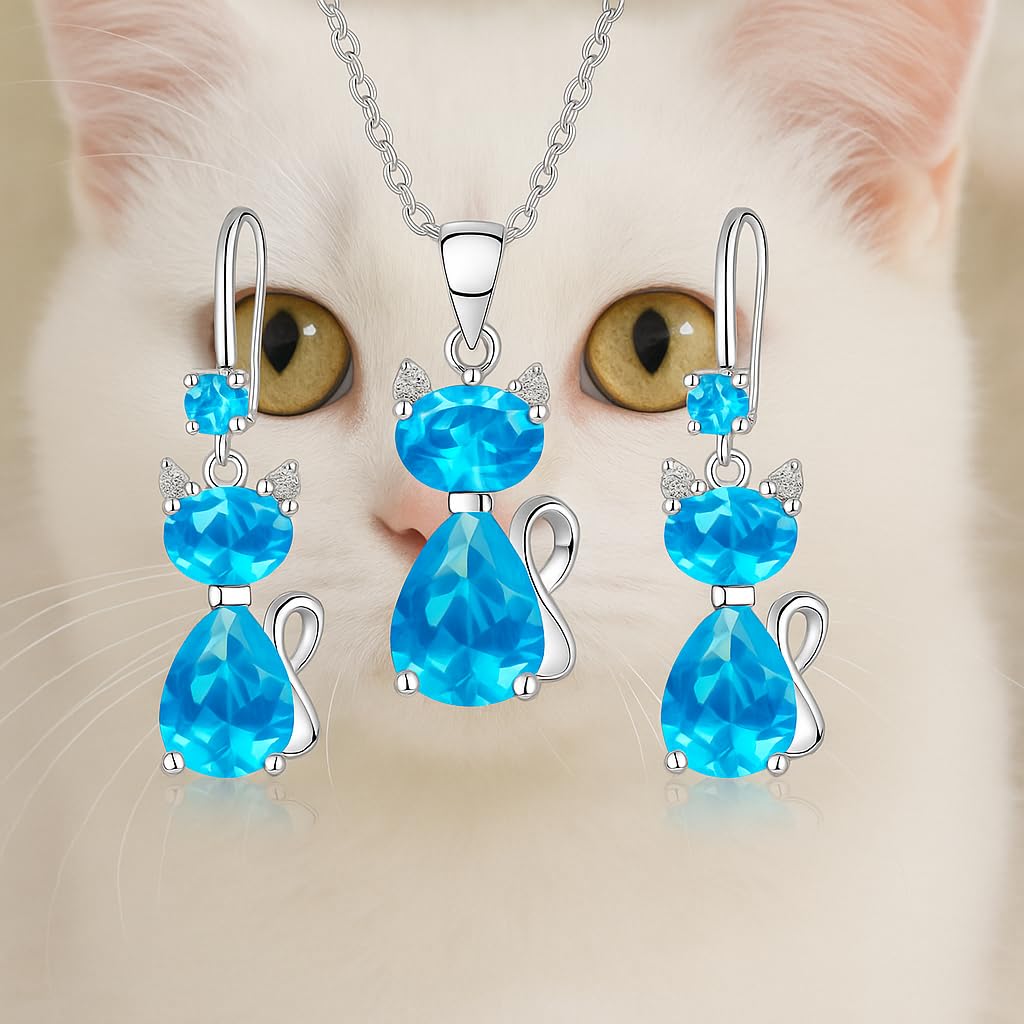 SUPAC Pink and Purple Cat Jewelry Set, Rose Gold Plated Crystal Necklace Earrings Ring, Gift for Cat Enthusiasts 6 Color Variations