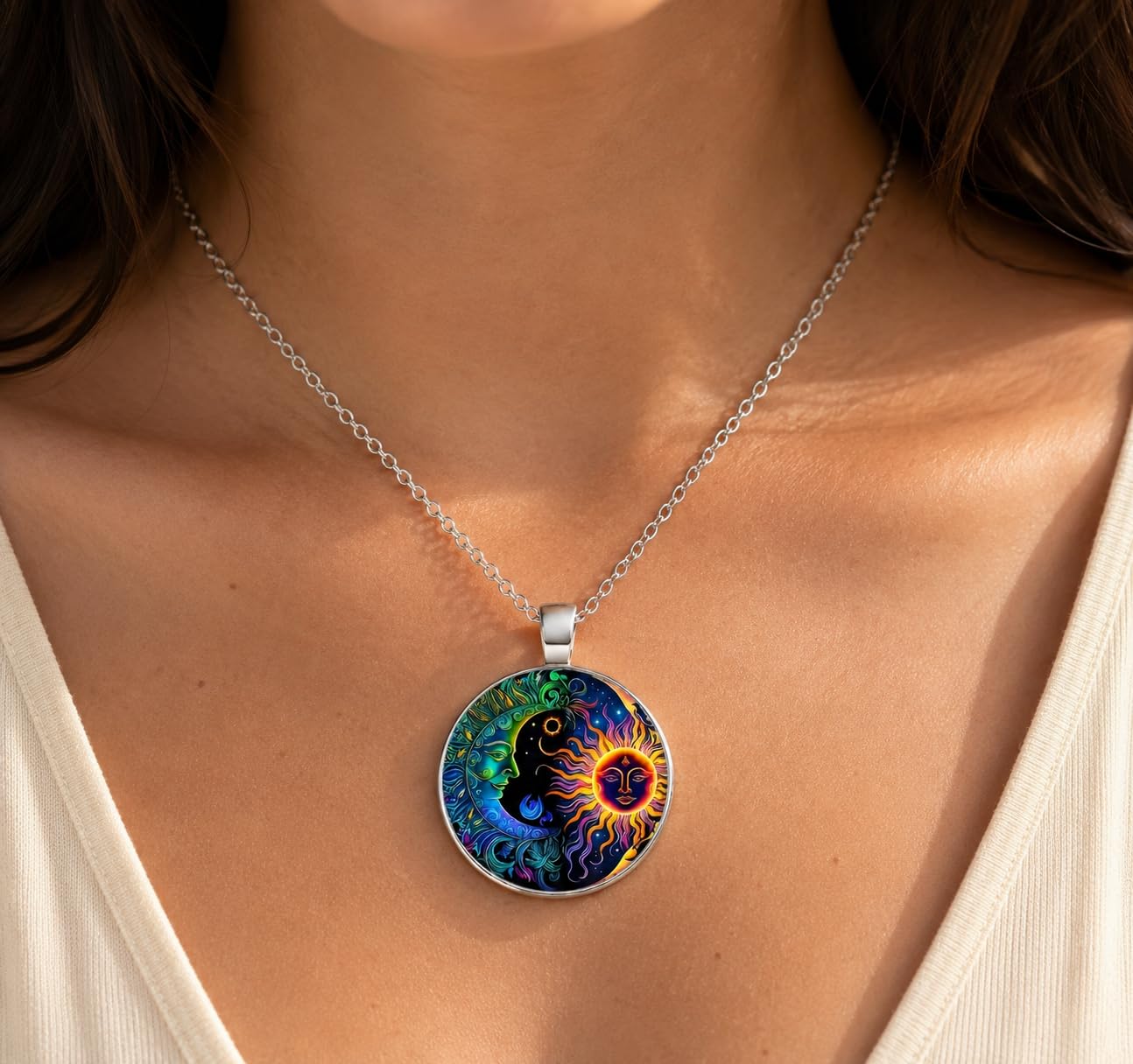 1pc Stunning Round Pendant Necklace - Unique Sun & Moon Pattern, Oil Painting Style Glass Mosaic, Alloy Construction, Trendy Sweater Chain, Fashionable Gift for Women - Christmas or Birthday Gift