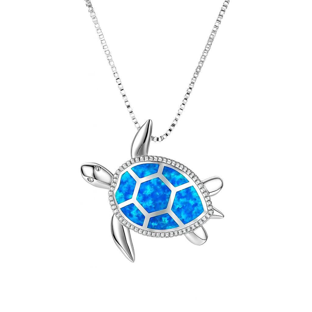SUPAC Blue Opal Sea Turtle Pendant Necklace, Stainless Steel Chain 17.7", Crystal Inlay