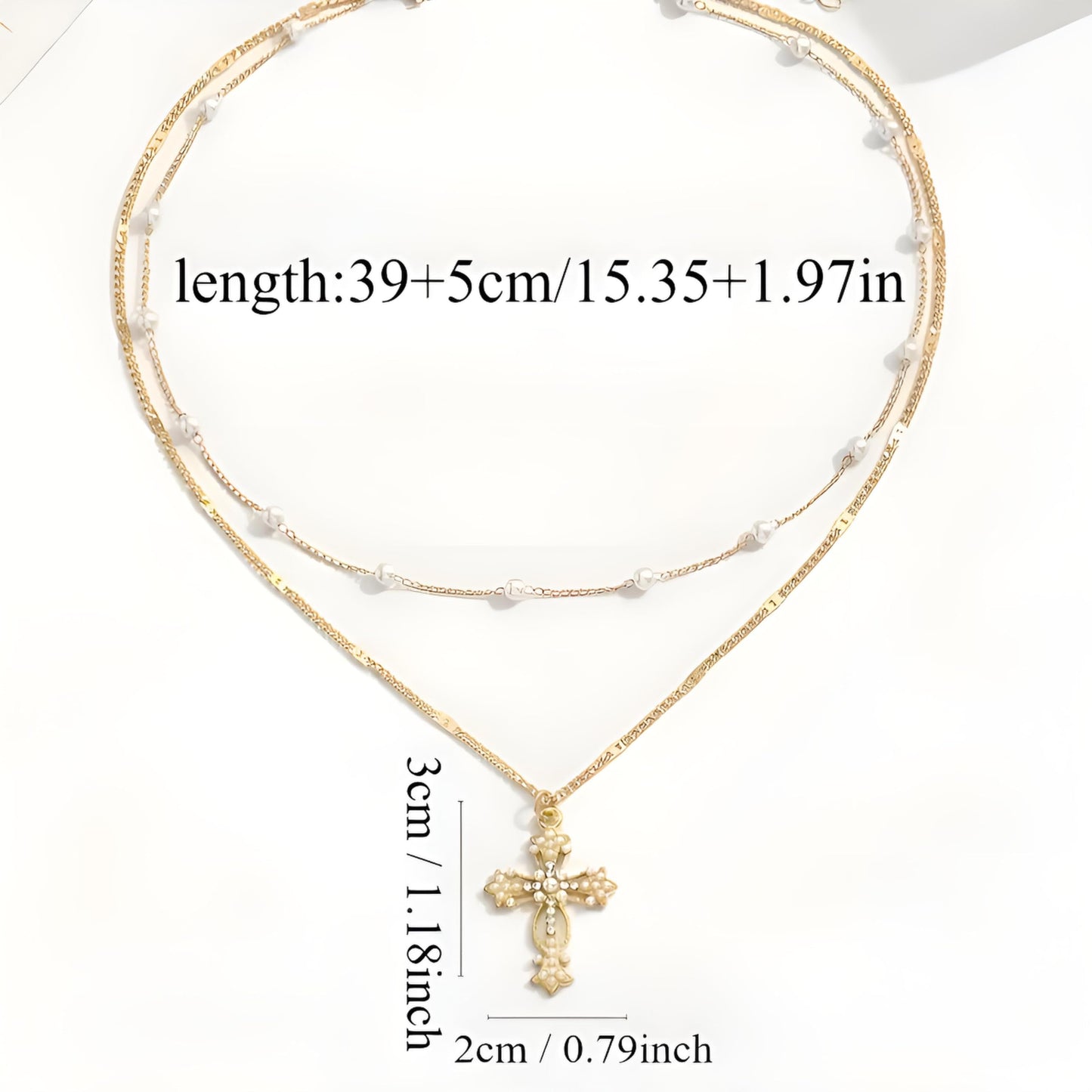 Gold-Tone Cross Pendant Necklace with Pearls and Crystals, 15.35 Inches Chain