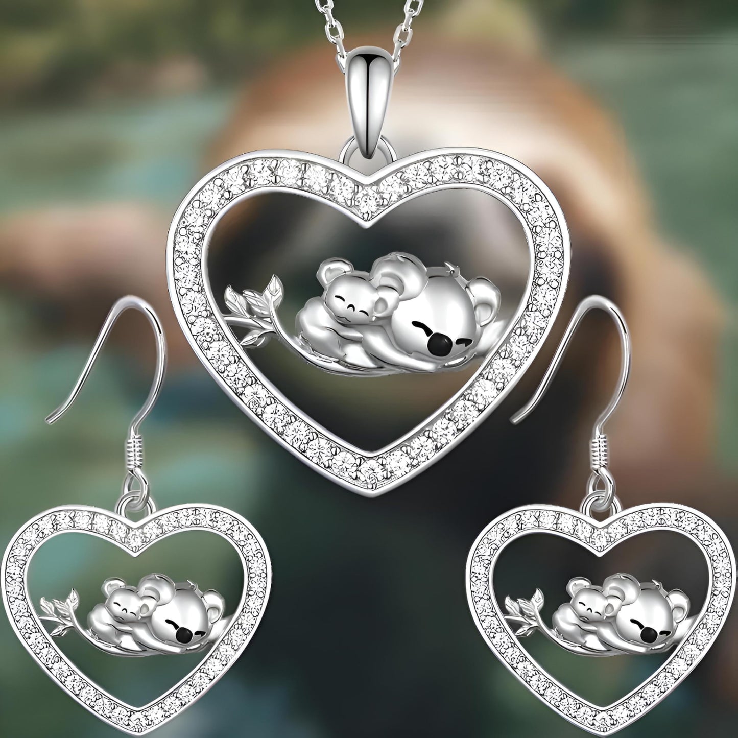 SUPAC Heart-Shaped Koala Family Jewelry Set, Crystal-Studded Necklace and Earrings, Silver, 15.74 inch Chain