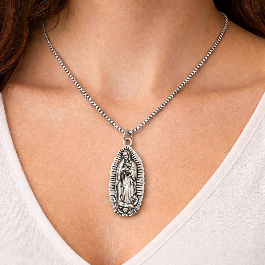 SUPAC Silver Virgin Mary Our Lady of Guadalupe Pendant Necklace, Perfectly Suited for Men and Women, Infusing Style with Spiritual Splendor - Stainless Steel Chain - Christmas or Birthday Gift