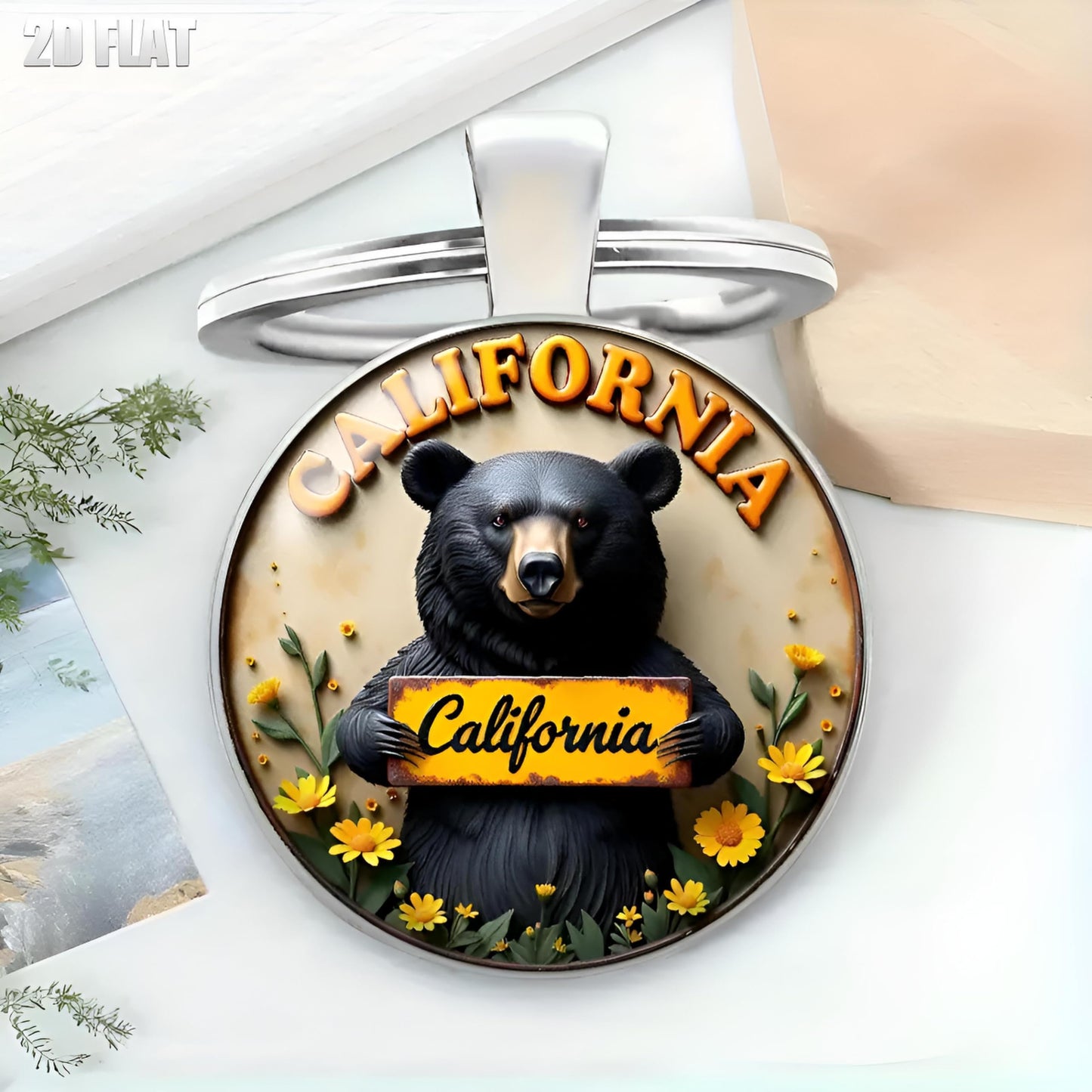 SUPAC 1pc Unique Bear With Forest Background Shaped Metal Keychain - Fashionable Circular Animal Keyring for Men and Friends