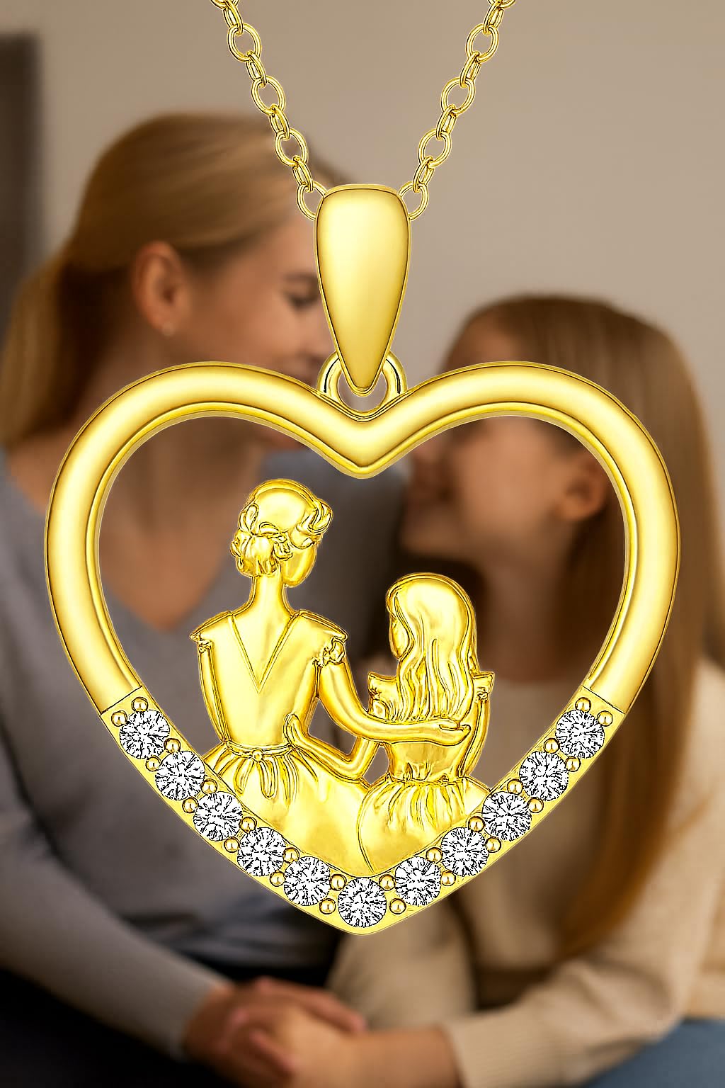 SUPAC Heart-Shaped Mother's Day Necklace, Family + Mother Necklace Options with Crystal Accents, Mother and Daughter Pendant Gift, Silver and Gold-Tone, 'I Love You Always & Forever' Message (Golden)