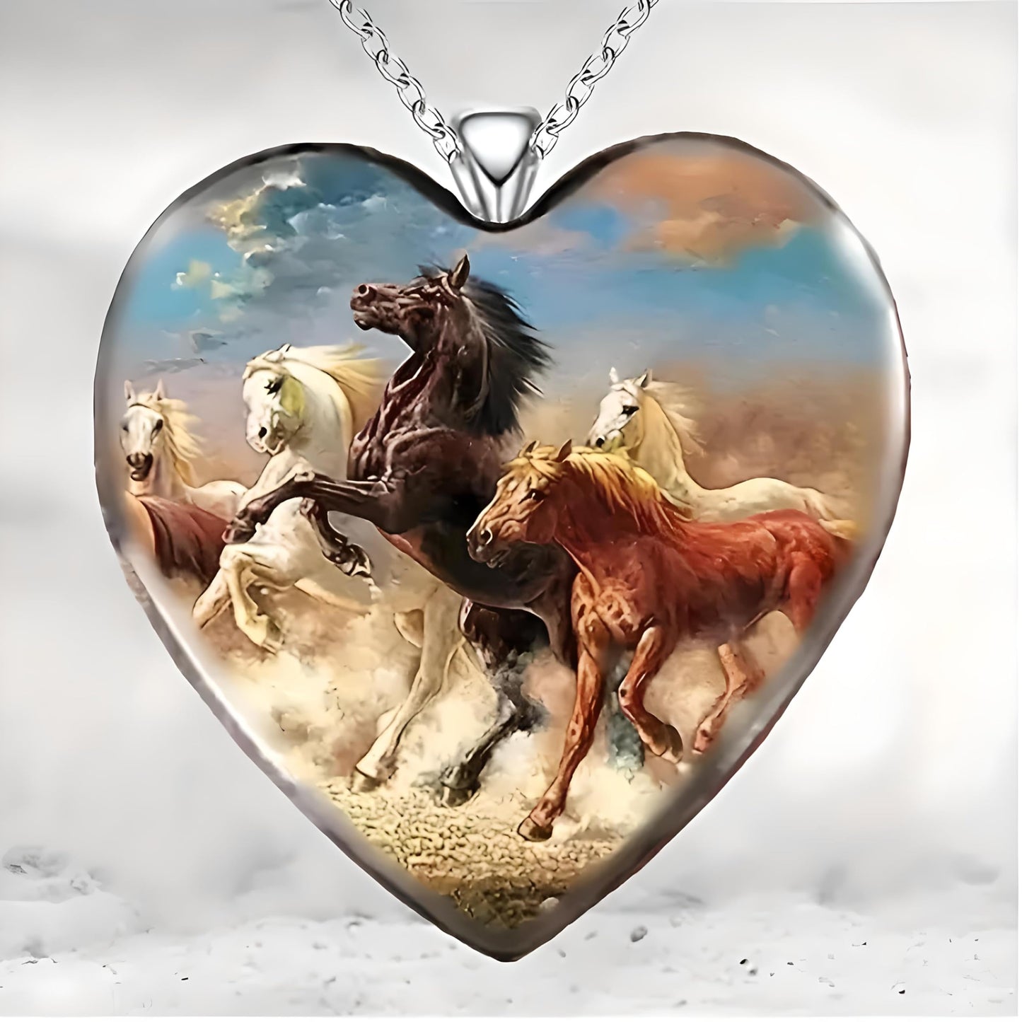 Heart-Shaped Pendant Necklace with Different Animals - Panda, Horse, Deer, Cat, Elephant, Dog Scenic Views, Stainless Steel Necklace with Glass Pendant - Christmas, Holiday, or Birthday Gift (Horses)