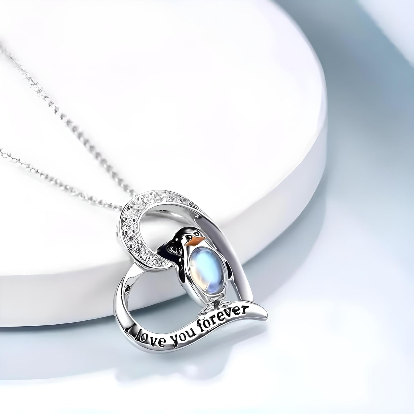 Sterling Silver Penguin Pendant Necklace with Opal Stone and CZ Accents, 'Love You Forever' Engraved - Happy Feet Penguin