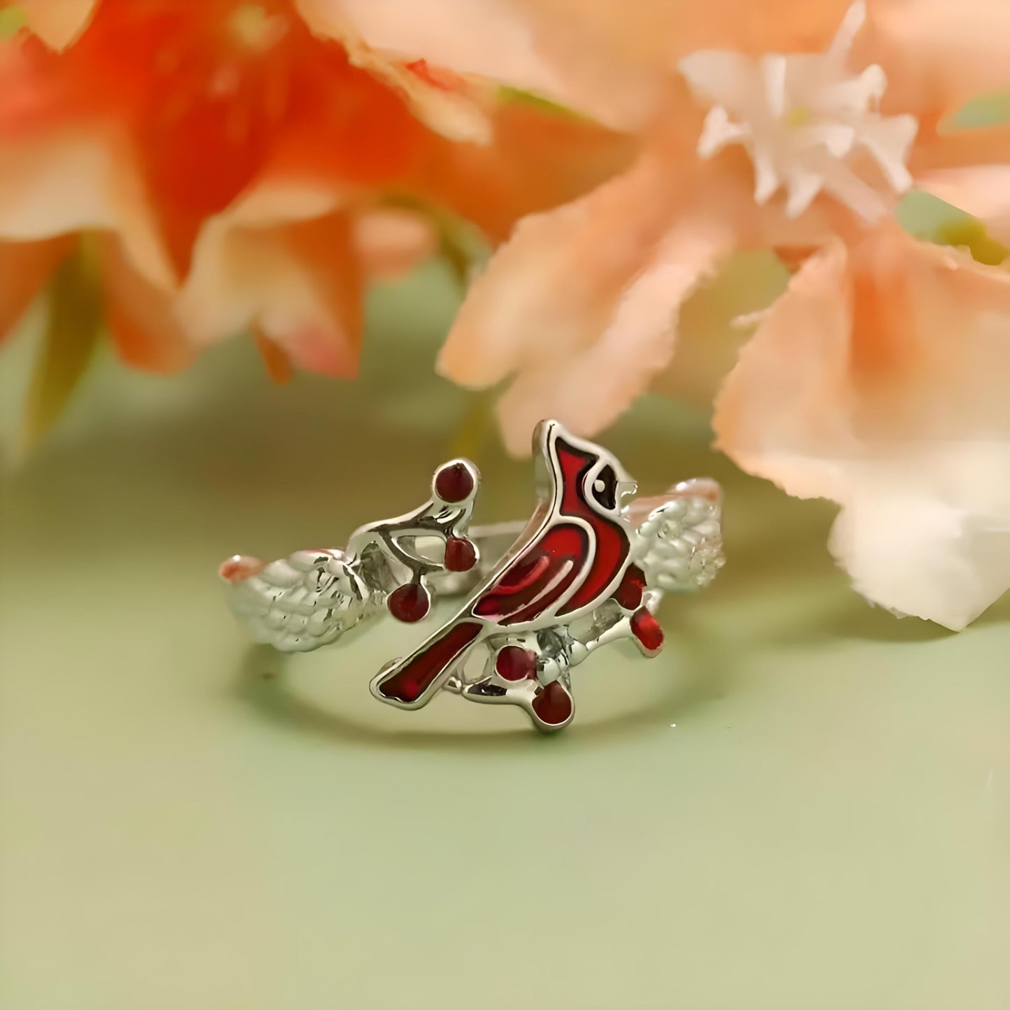 SUPAC Red Cardinal Cross Ring, Silver-Plated 'I Am Always with You' Inspirational Message, Adjustable - Christmas, Party, or Birthday Gift