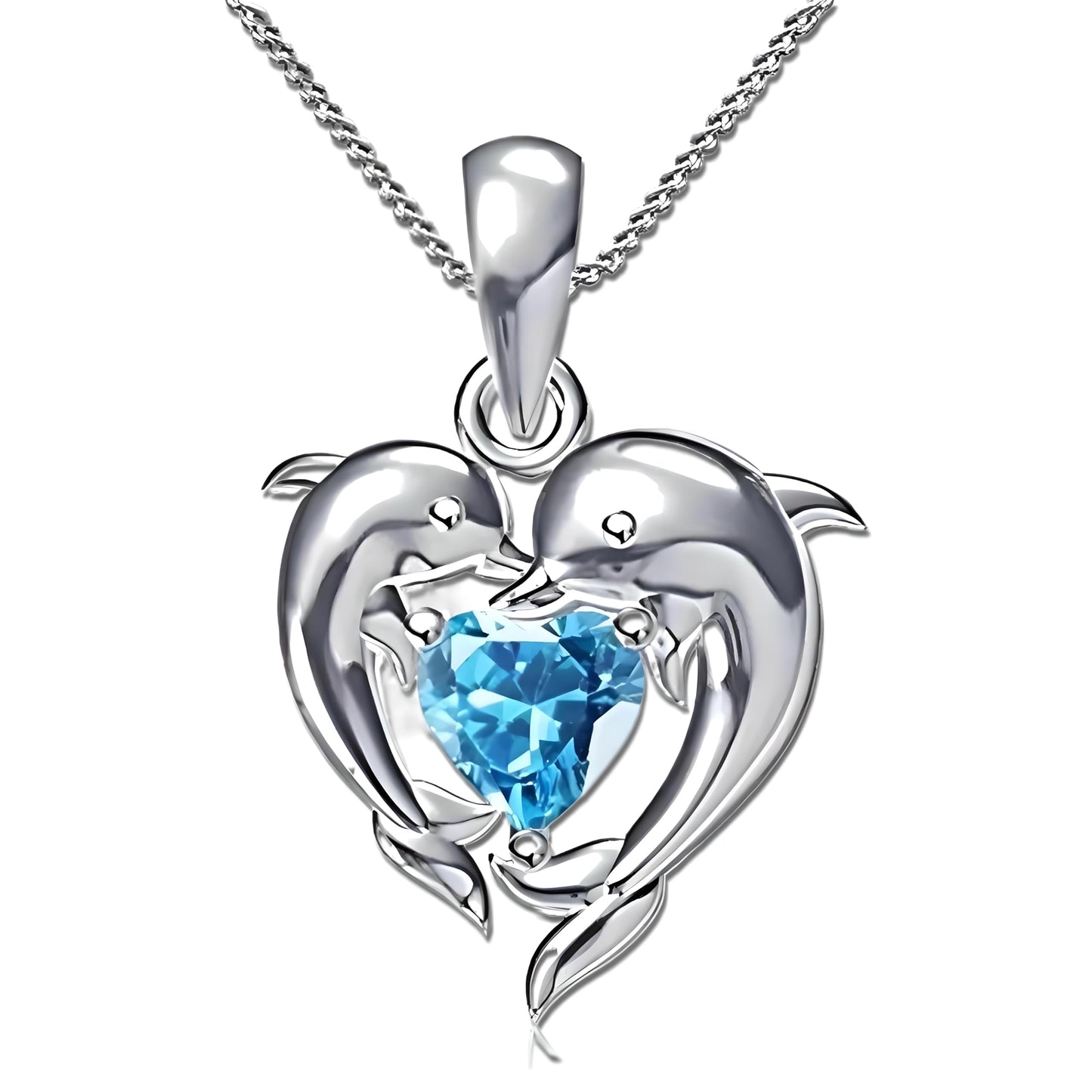 Sterling Silver Double Dolphin Pendant Necklace with Blue Crystal Hearts, Ocean Theme Jewelry