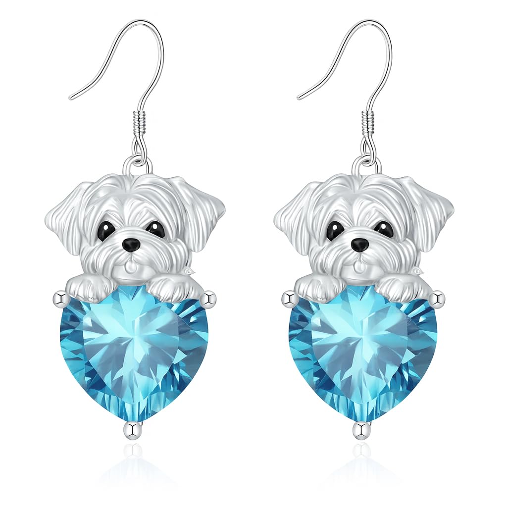Decorative Dog Dangle Earrings, Blue Crystal Heart, Silver Shih Tzu Design