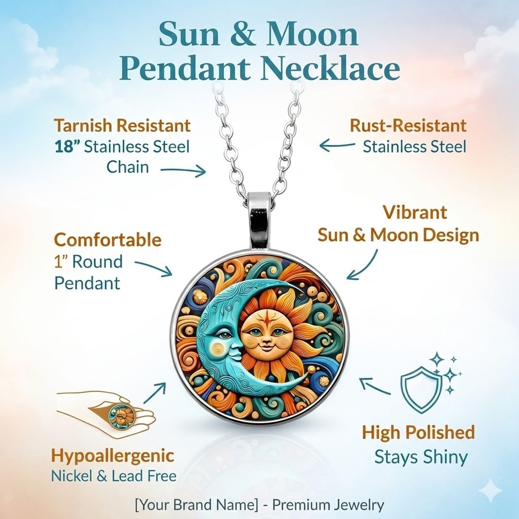 1pc Stunning Round Pendant Necklace - Unique Sun & Moon Pattern, Oil Painting Style Glass Mosaic, Alloy Construction, Trendy Sweater Chain, Fashionable Gift for Women - Christmas or Birthday Gift