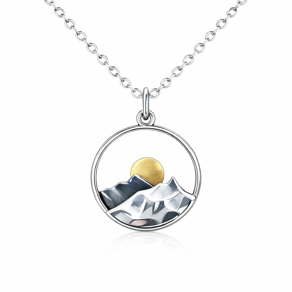 SUPAC Mountain Scene Pendant Necklace, Silver Chain, Nature Landscape Design, Circle Pendant