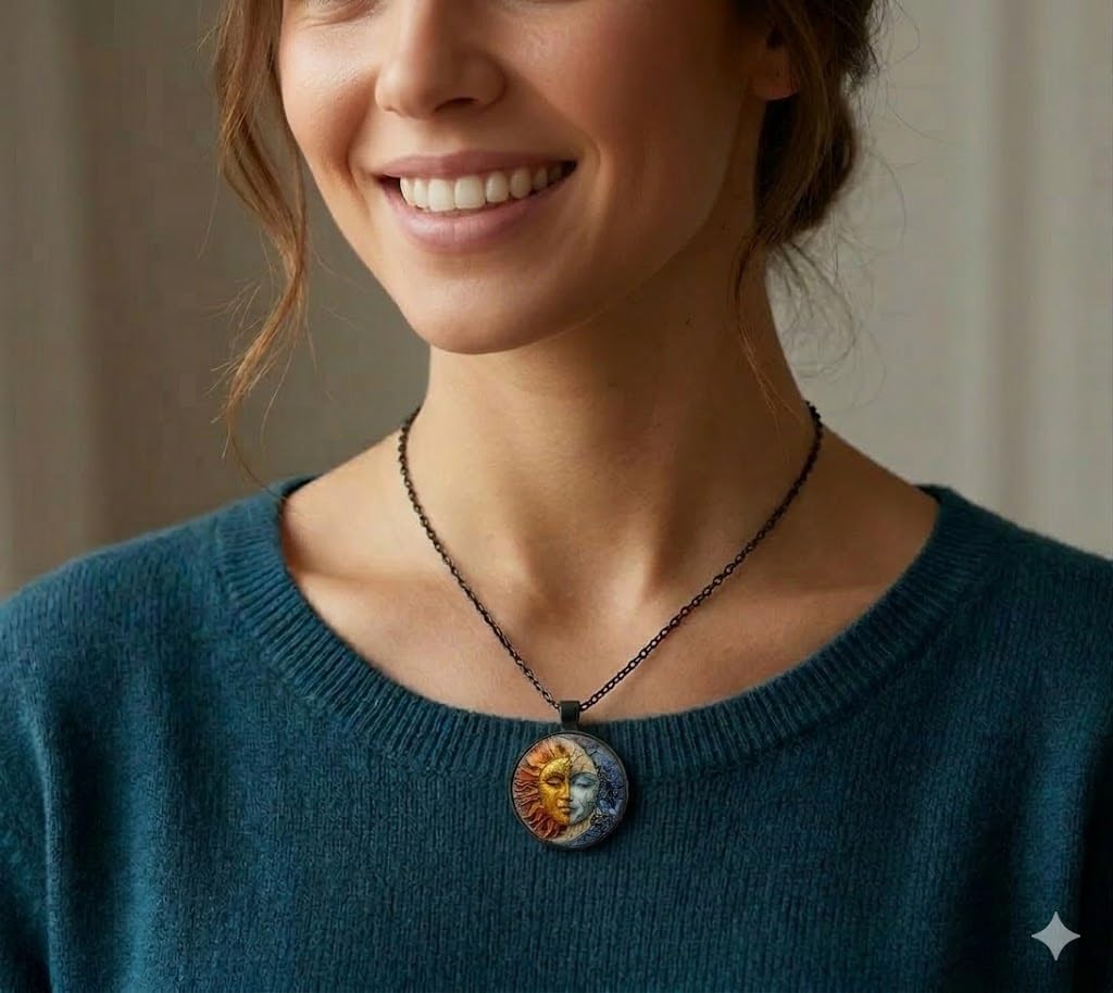 1pc Stunning Round Pendant Necklace - Unique Sun & Moon Pattern, Oil Painting Style Glass Mosaic, Alloy Construction, Trendy Sweater Chain, Fashionable Gift for Women - Christmas or Birthday Gift