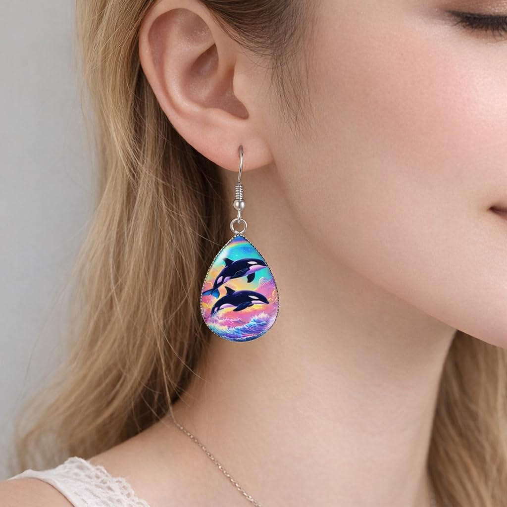 Rainbow Orca Teardrop Dangle Earrings, Colorful Killer Whale Design, Glass Covered, Hypoallergenic Stainless Steel Hooks, 1.77 Inch