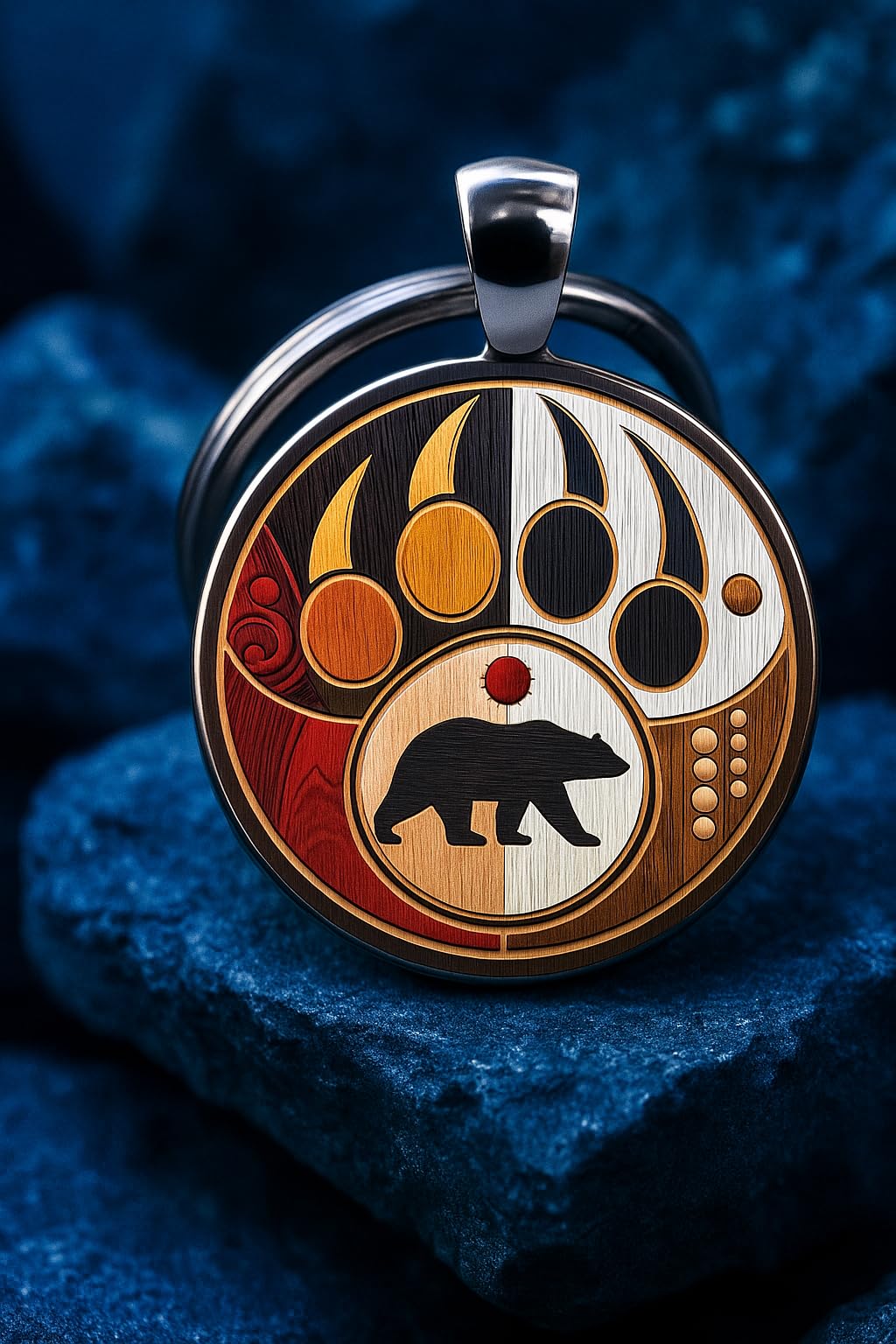 SUPAC 1pc Unique Bear With Forest Background Shaped Metal Keychain - Fashionable Circular Animal Keyring for Men and Friends
