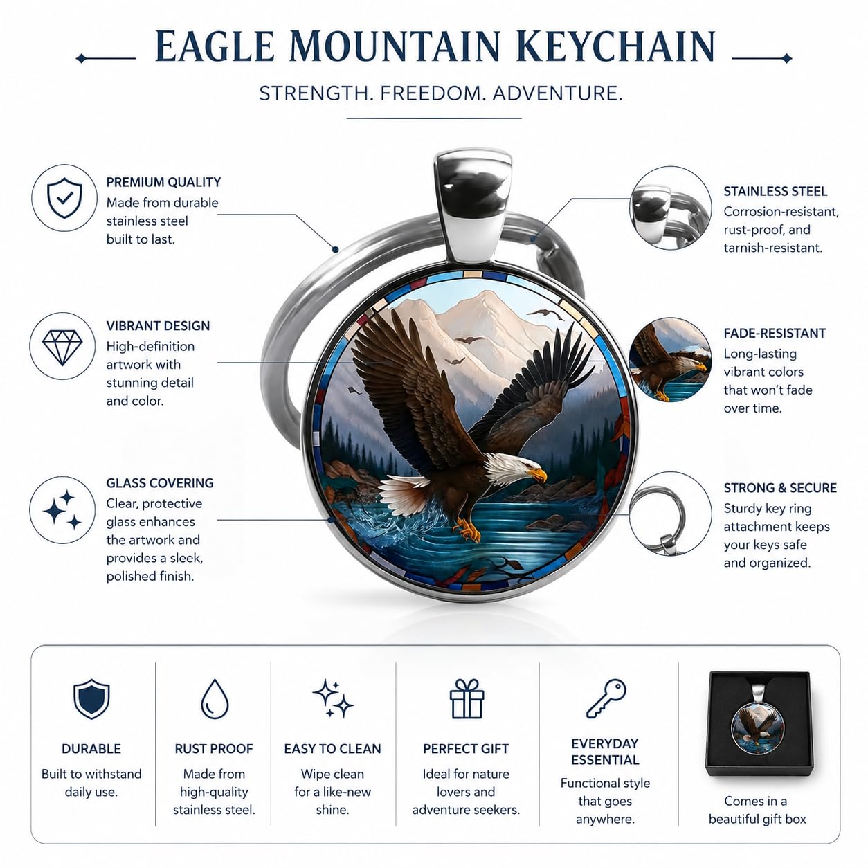 SUPAC Eagle Arrowhead Glass Keychain - Soaring Eagle Spirit Totem Design, Rustic Stone, Symbol of Freedom & Strength