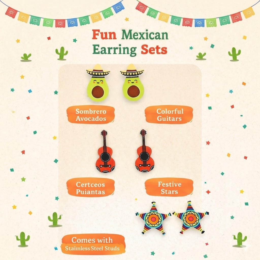 Cute Taco Stud Earrings Set, 3 Pairs of Mexican Cinco de Mayo Food Jewelry, Different Facial Expressions - 0.59 inch