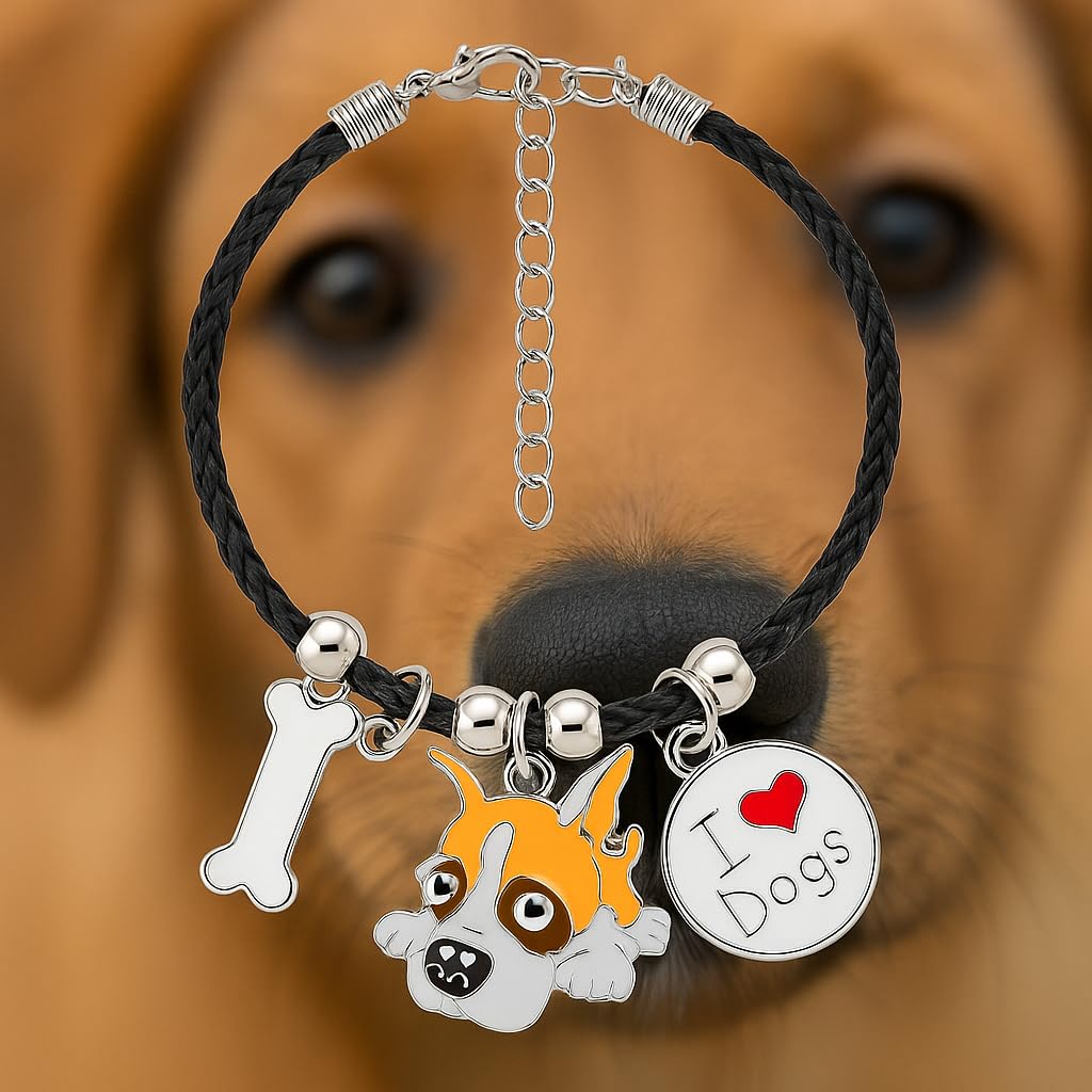 Pet Charm Bracelet with Dog Charms, Black Braided Band, I Love Dogs Design - Dog Lovers' Bracelet - Different Breeds of Dogs, Pet Lover Gift for Birthday and Holiday, Durable and Long-Lasting, Hypoallergenic and Nickel-Free, Everyday Wear (Boxer)