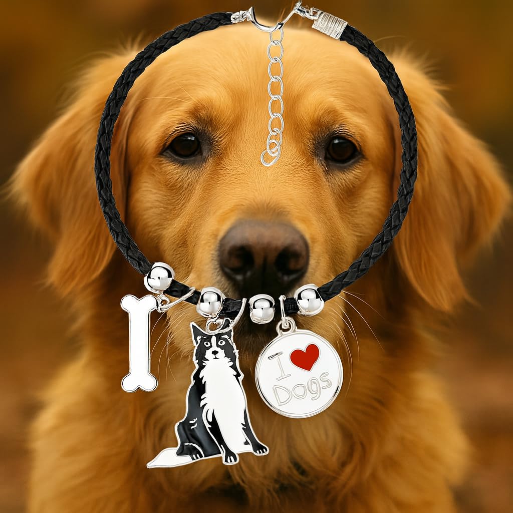 Pet Charm Bracelet with Dog Charms, Black Braided Band, I Love Dogs Design - Dog Lovers' Bracelet - Different Breeds of Dogs, Pet Lover Gift for Birthday and Holiday, Durable and Long-Lasting, Hypoallergenic and Nickel-Free, Everyday Wear (Border Collie)
