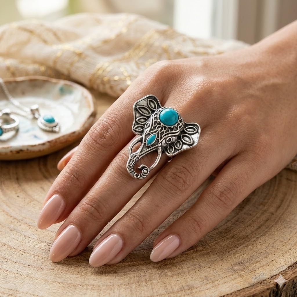 SUPAC Adjustable Vintage Elephant Ring with Turquoise Inlay – Unisex Boho Style Alloy Jewelry for Everyday & Party