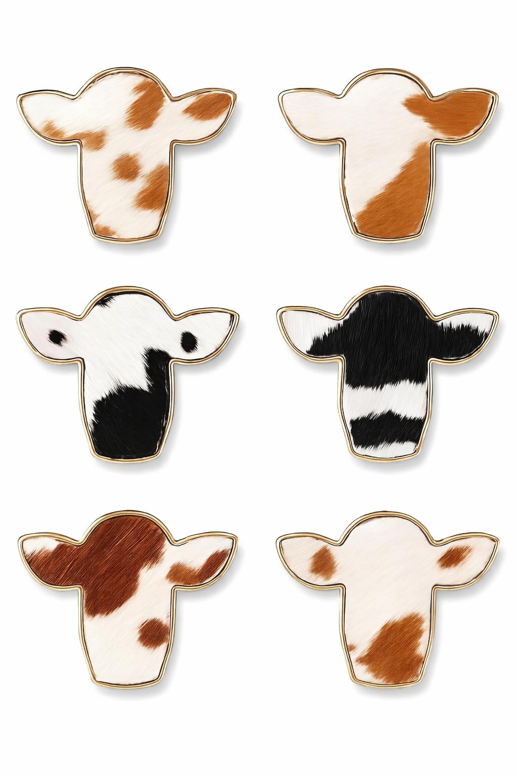 Cowhide Print Stud Earrings, 3-Set Gold-Tone Farm Animal Design, 0.78 x 0.62 inches -Brown, Orange, and Black Colors