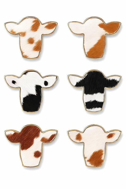 Cowhide Print Stud Earrings, 3-Set Gold-Tone Farm Animal Design, 0.78 x 0.62 inches -Brown, Orange, and Black Colors