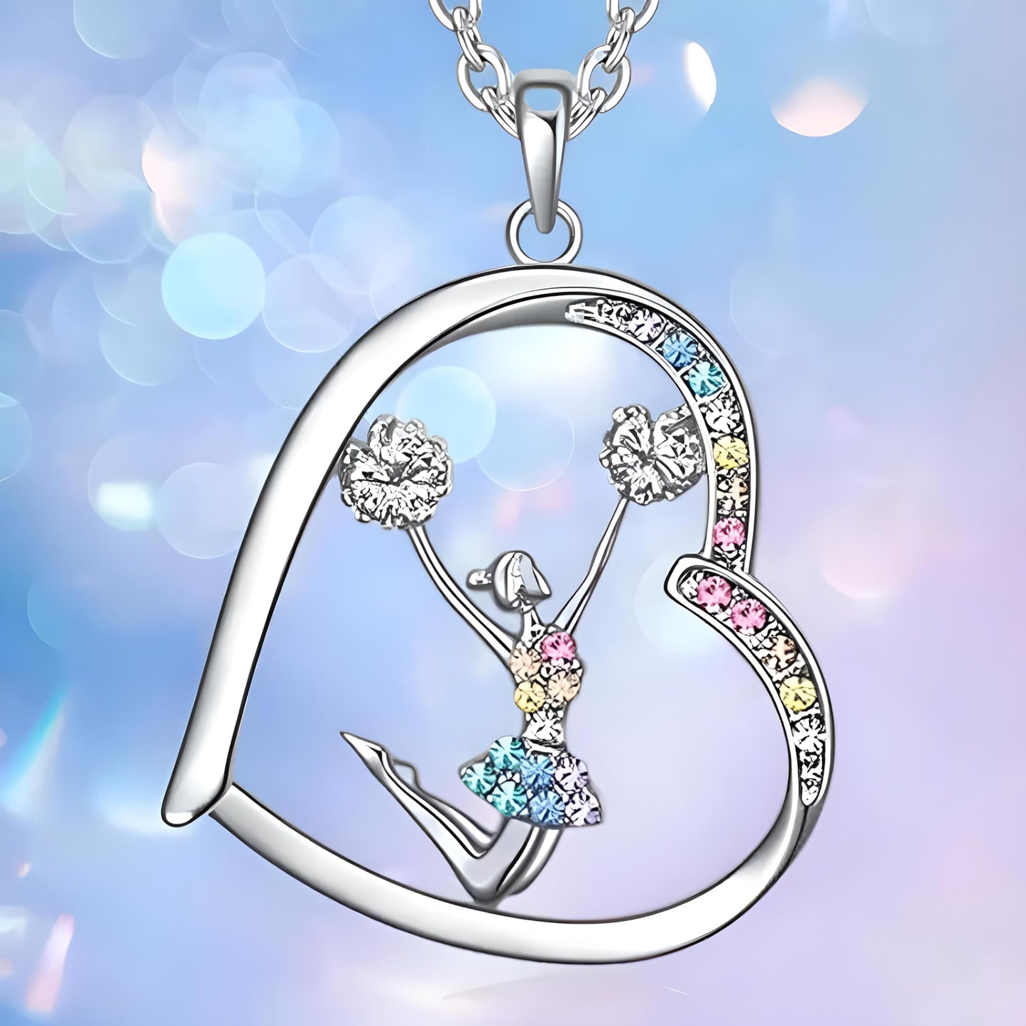 Sports Heart Necklace, 9 Different Sport Options: Basketball, Jumping Cheerleader, Gymnast, Softball, Volleyball, Ballet Ballerina, Runner, Sports Accessories Birthday Gift- Simulated Rainbow Diamonds, Christmas, Birthday or Party Gift