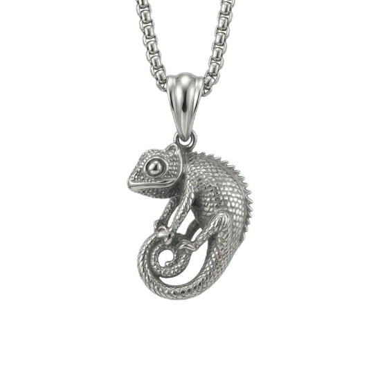 SUPAC Stainless Steel Chameleon Pendant Necklace, 3D Detailed Reptile Design, 23.6 Inch Chain Length, 1.43 Inch Pendant Size