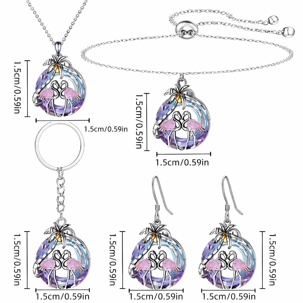 SUPAC Tropical Flamingo Jewelry Set with Necklace, Bracelet, Earrings and Keychain, Pink and Purple Crystal Beach Design, Silver