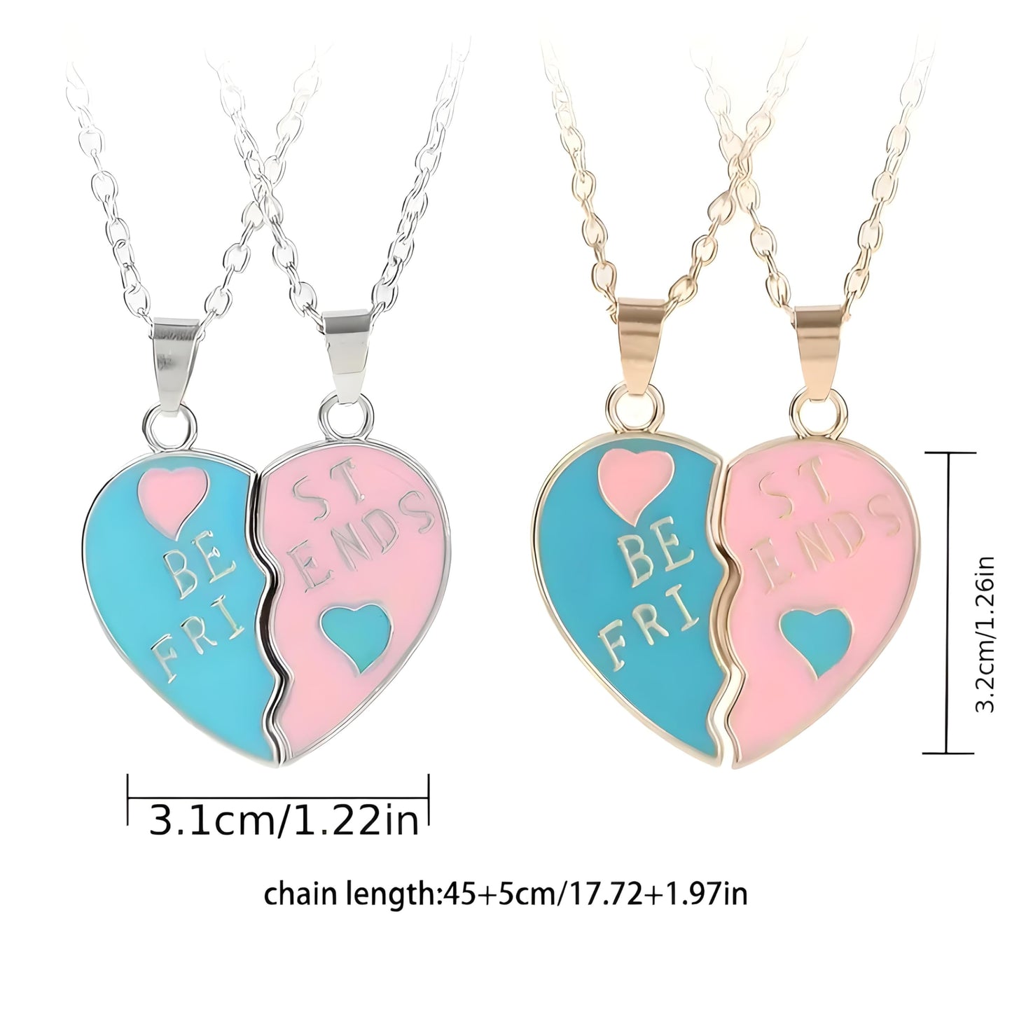 Best Friends Split Heart Pendant Necklaces, Pink and Blue Enamel, 2 Piece Set Gold or Silver Options - Gift for Best Friends