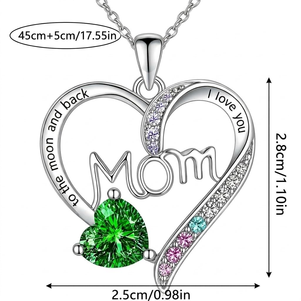 SUPAC Heart Mom Necklace, Sterling Silver Crystal Pendant with Pink Heart Stone, I Love You to the Moon and Back - Mother's Day Gift