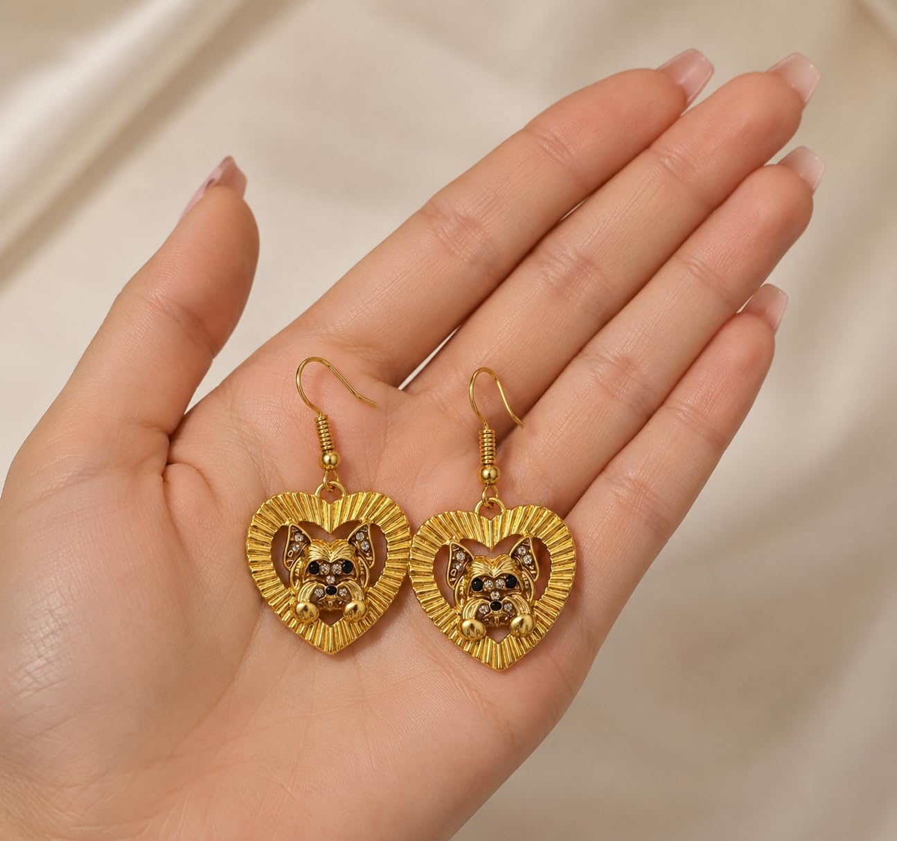 Yorkie Heart Drop Earrings, Gold, Stainless Steel, Crystal Accent, 0.94 x 0.94 in, Dog Lover Jewelry