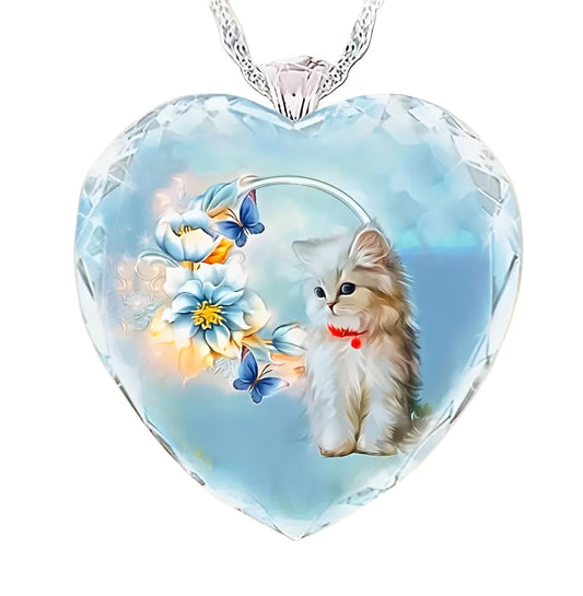 SUPAC Heart-Shaped Glass Cat Pendant Necklace with Floral and Butterfly Designs