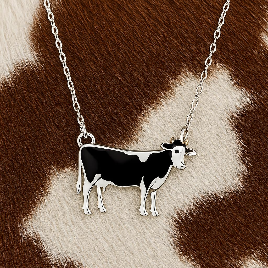 SUPAC Western Farm Animal Pendant Necklace, Cow, Horse, Goat, and Pig Hide - Silver Chain, 15.35 inch + 1.97 inch Extension
