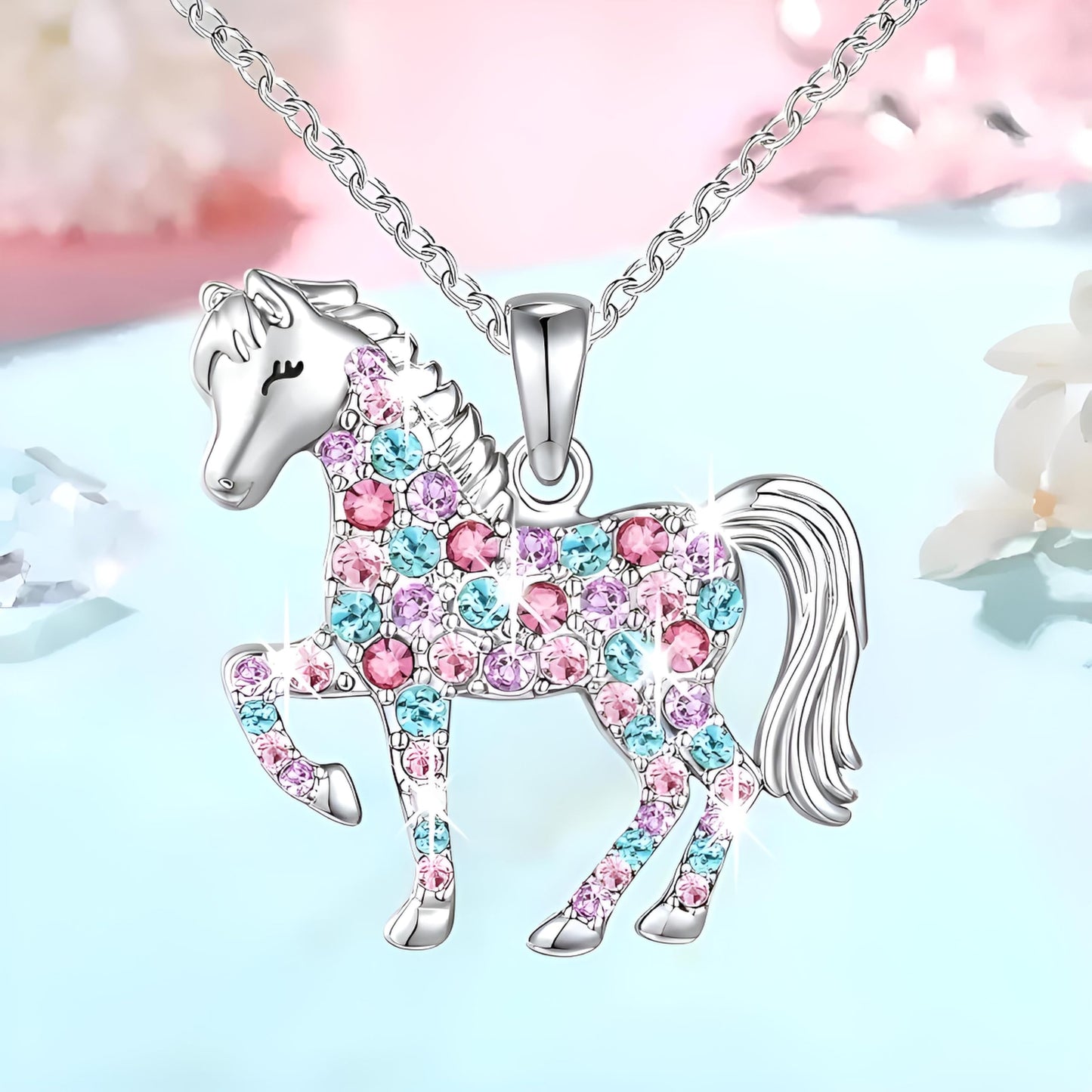 SUPAC Crystal Horse Pendant Necklace, Pink and Blue Rhinestones, Silver Chain, 17.6 inches