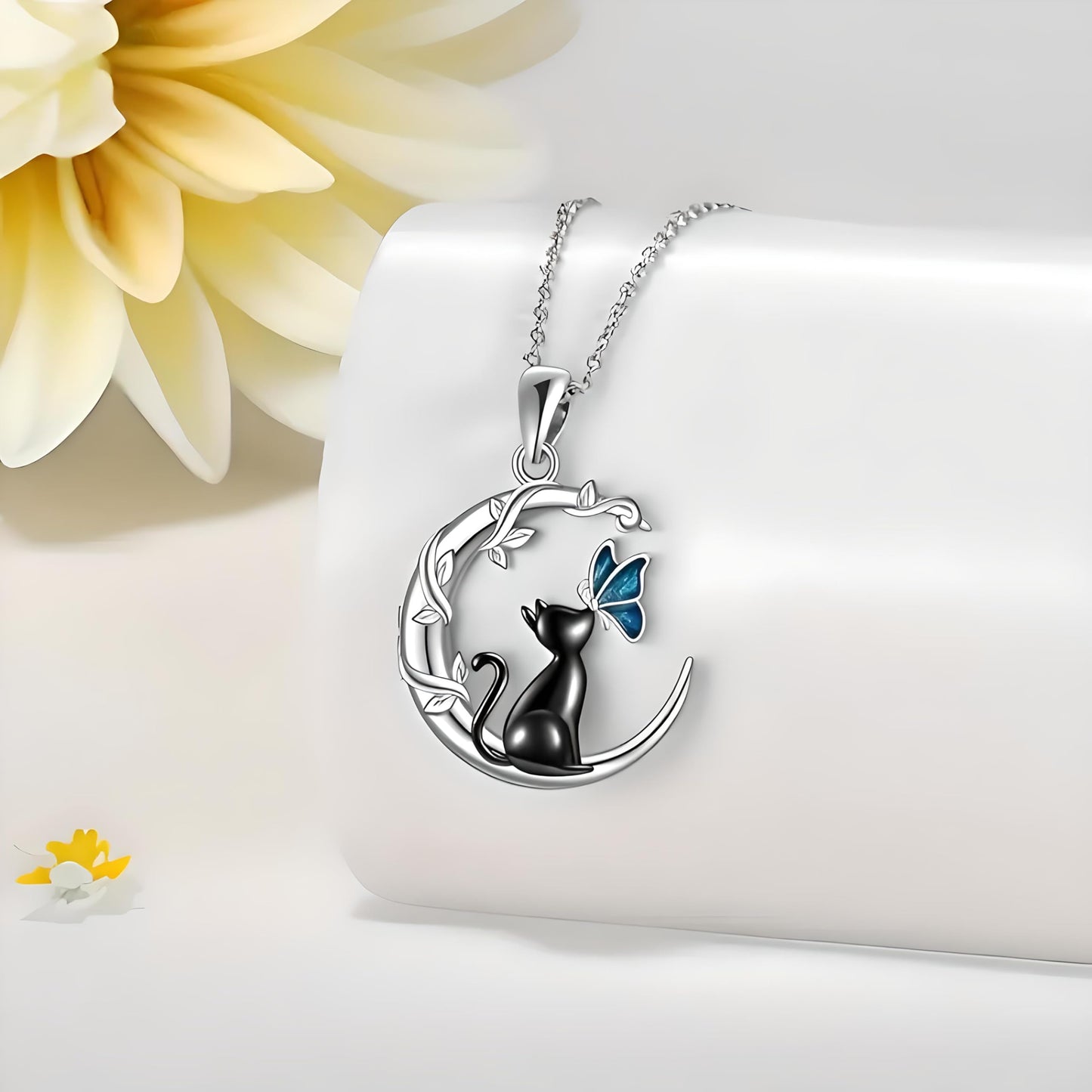 Black Cat Reaching for the Moon Necklace, Butterfly Necklace - Crystal Moonstone Pendant, Silver Chain - Gift