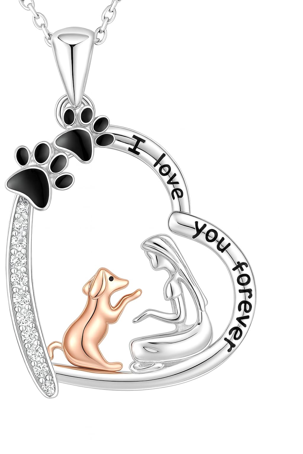 SUPAC Dog Breeds Necklace, German Shepherd, Labrador Retriever, Heart Pendant Necklace, Black and Gold, Crystal Paw Print Design, Dog Lovers Gift