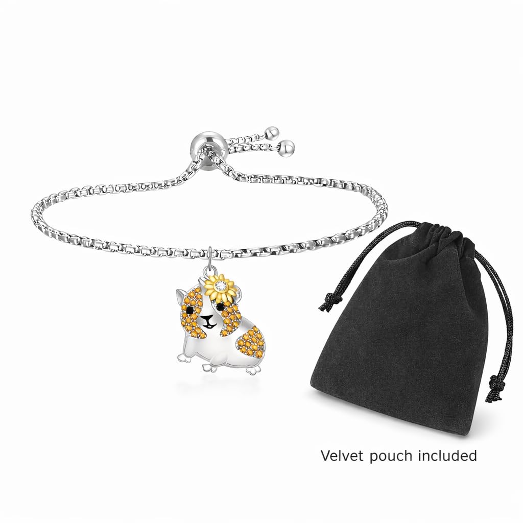 SUPAC Guinea Pig Hampster Charm Bracelet, Silver-Plated 316L Stainless Steel, Adjustable Bolo Style with Orange Cubic Zirconia, Hypoallergenic