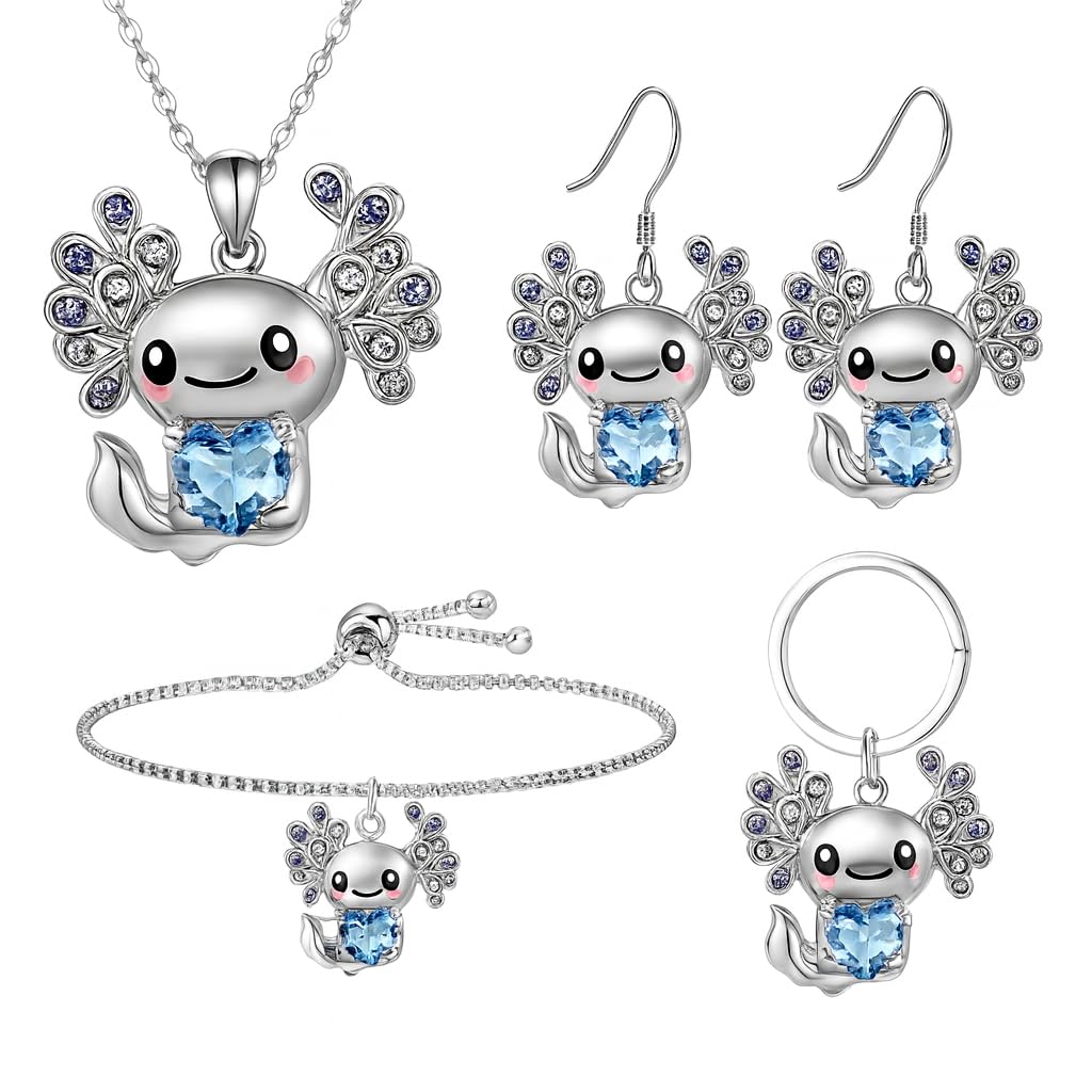 Cute Salamander Jewelry Set with Blue Crystal Heart, Silver Necklace, Earrings, Bracelet and Keychain